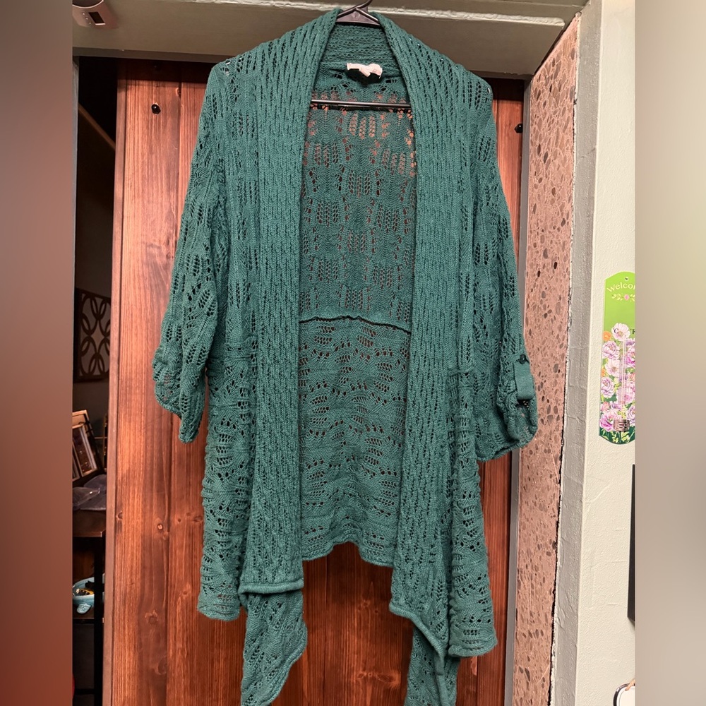 Woman Within Teal Open-Front Cardigan
